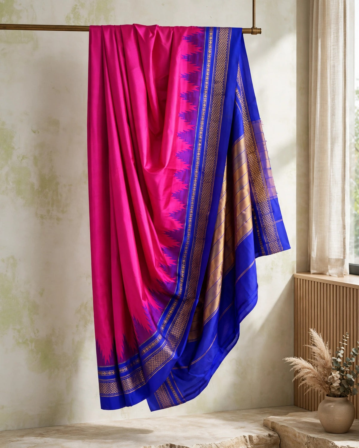 Ilkal Silk Plain Temple Saree | Pink & Blue