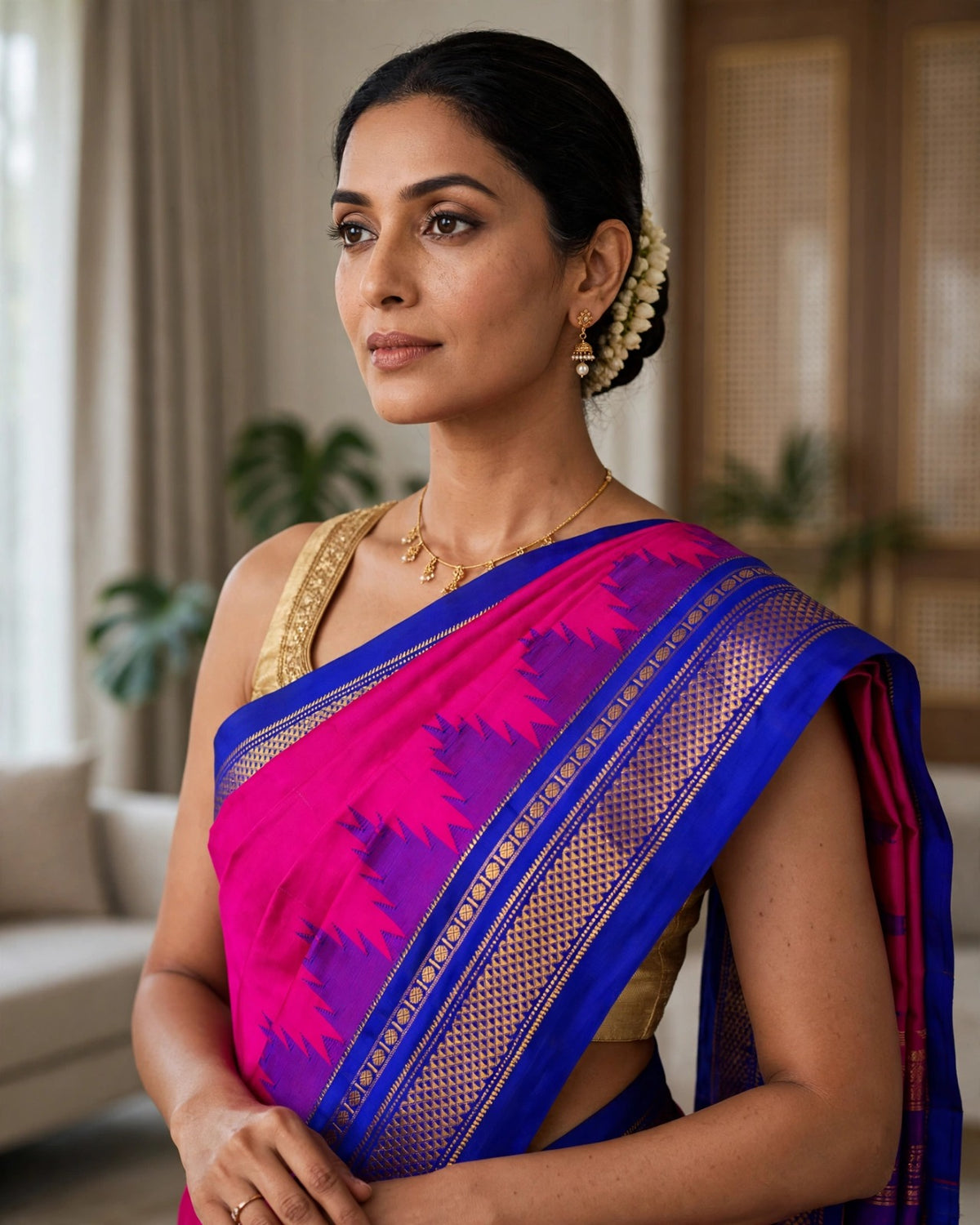 Ilkal Silk Plain Temple Saree | Pink & Blue