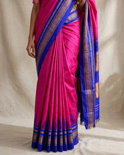 Ilkal Silk Plain Temple Saree | Pink & Blue