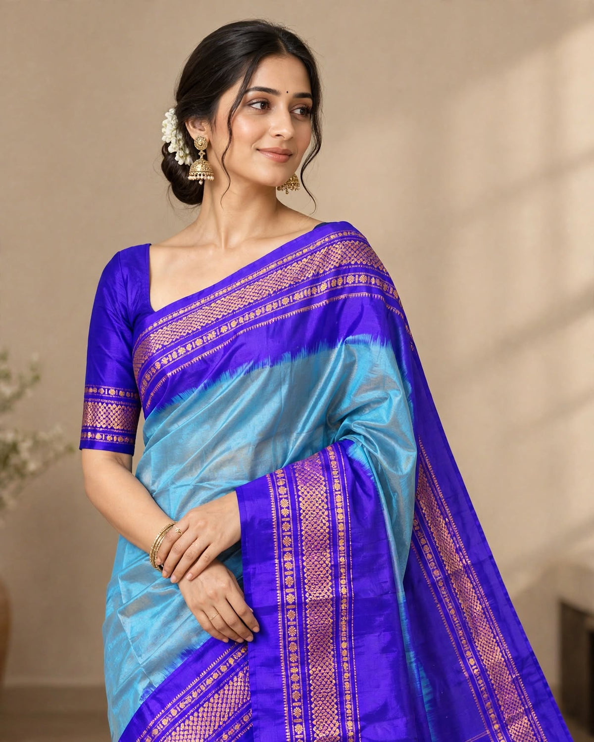 Ilkal Silk Plain Temple Saree | Sky Blue & Dark Blue