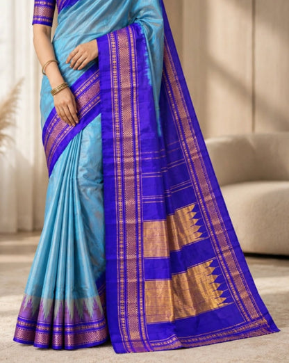 Ilkal Silk Plain Temple Saree | Sky Blue & Dark Blue