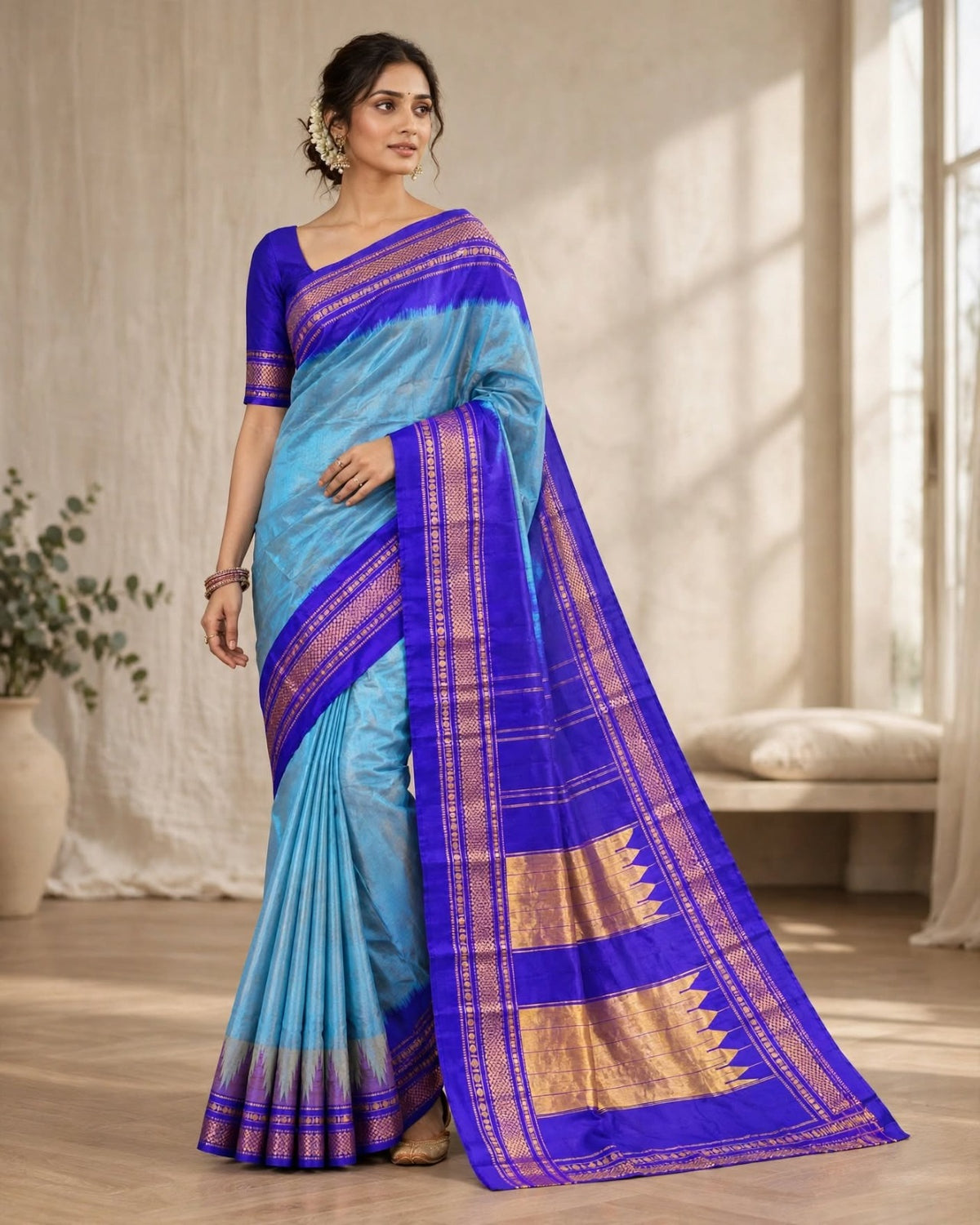 Ilkal Silk Plain Temple Saree | Sky Blue & Dark Blue