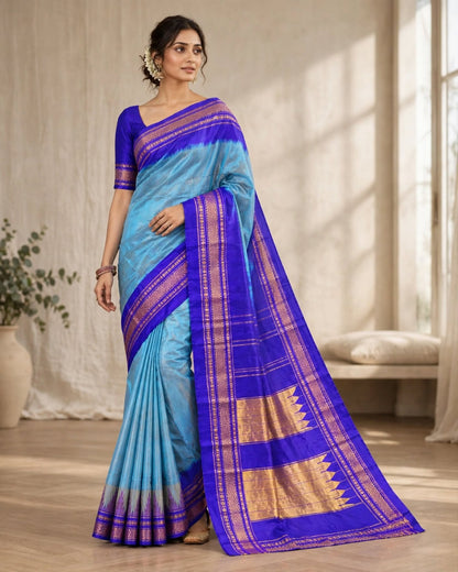 Ilkal Silk Plain Temple Saree | Sky Blue & Dark Blue
