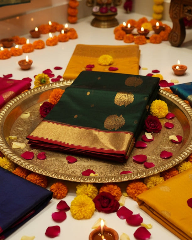 Chanderi Katan Silk Saree | Bottle Green