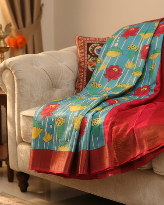 Tussar Silk Printed | Hand Painted | Blue