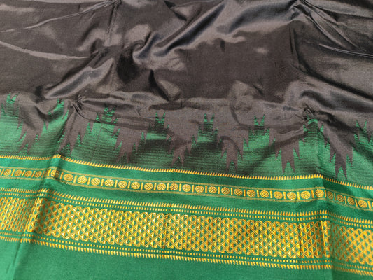 Ilkal Silk Plain Temple Saree | Black & Green