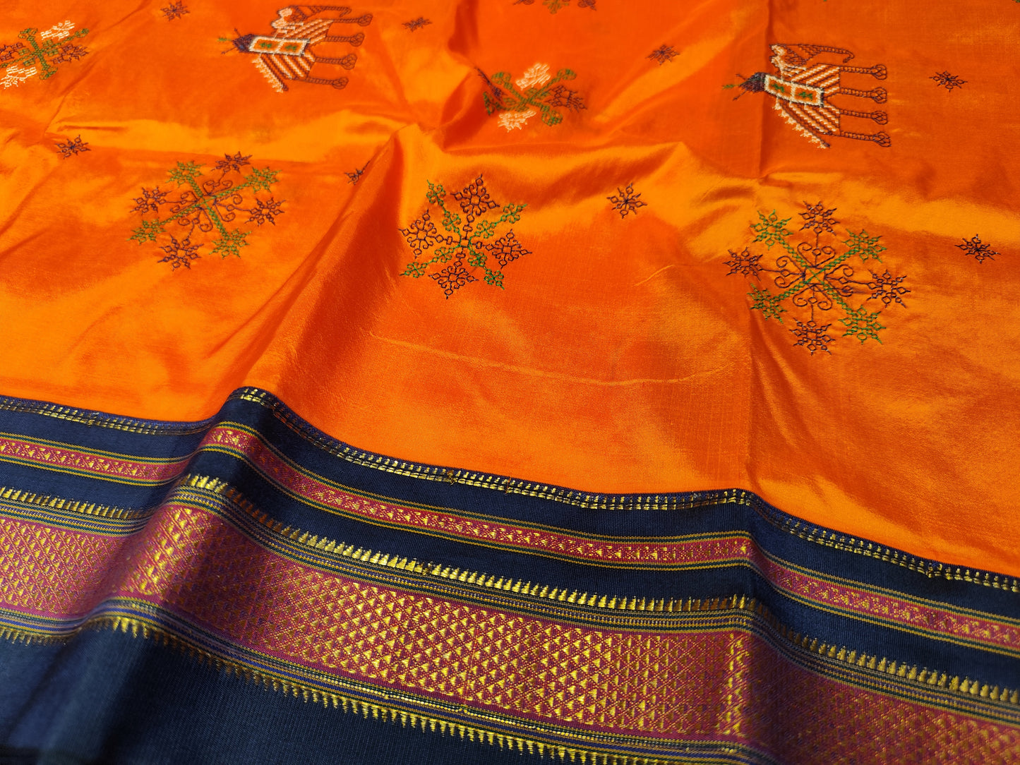 Ilkal Plain Kasuti Saree | Orange & Navy Blue