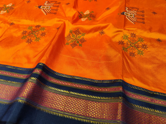 Ilkal Plain Kasuti Saree | Orange & Navy Blue