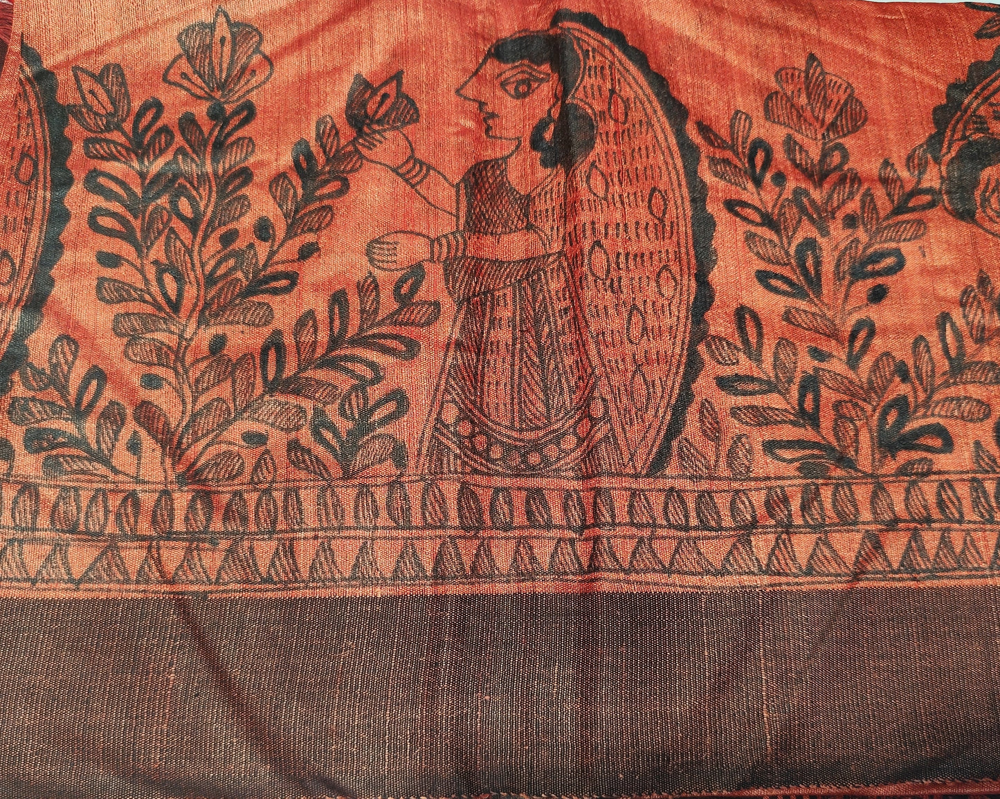 Tussar Silk Madhubani Handpainted Saree | Rust Orange