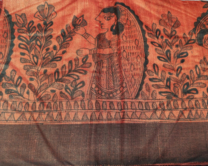 Tussar Silk Madhubani Handpainted Saree | Rust Orange