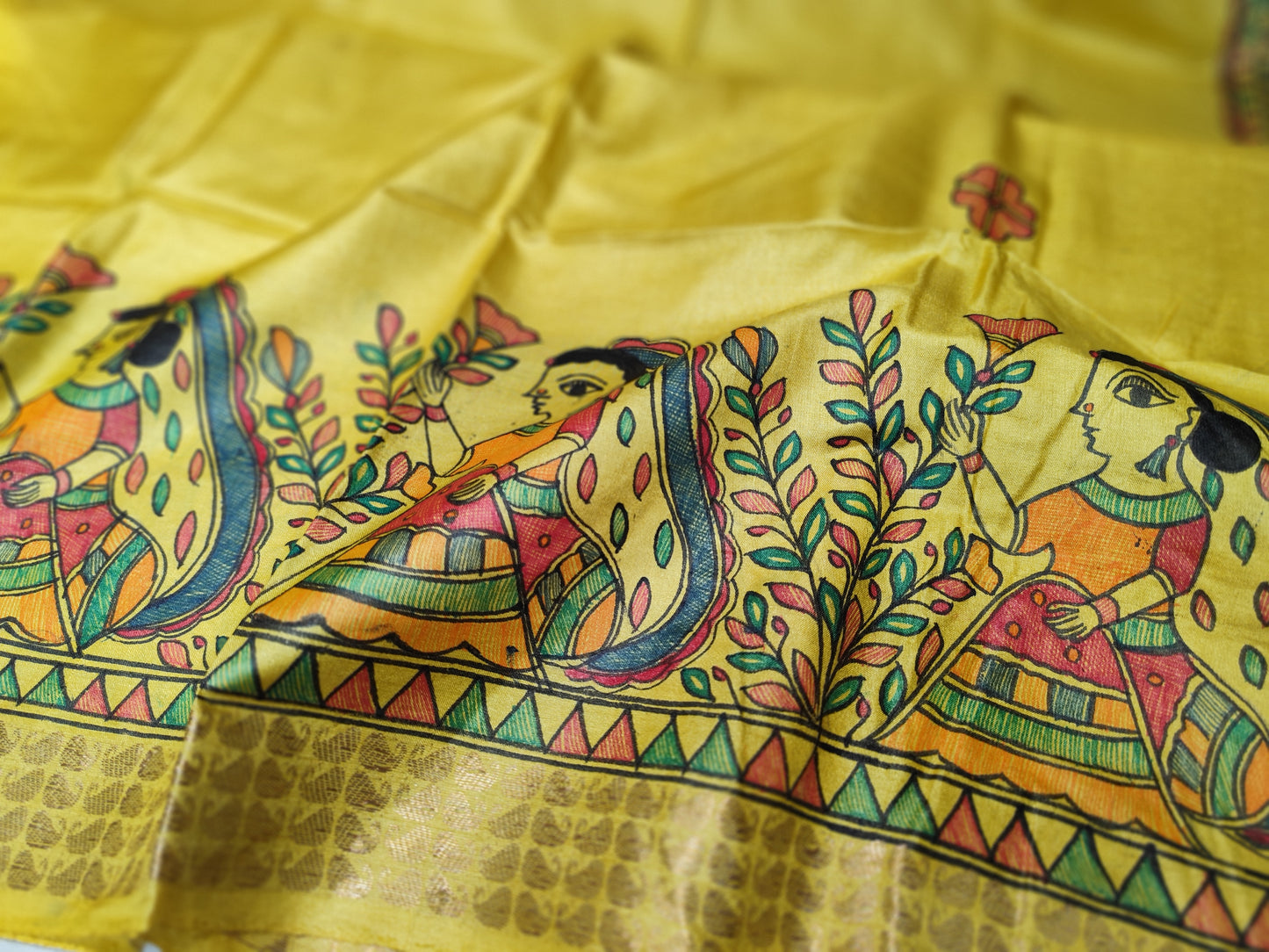 Tussar Silk Madhubani Handpainted Saree | Yellow
