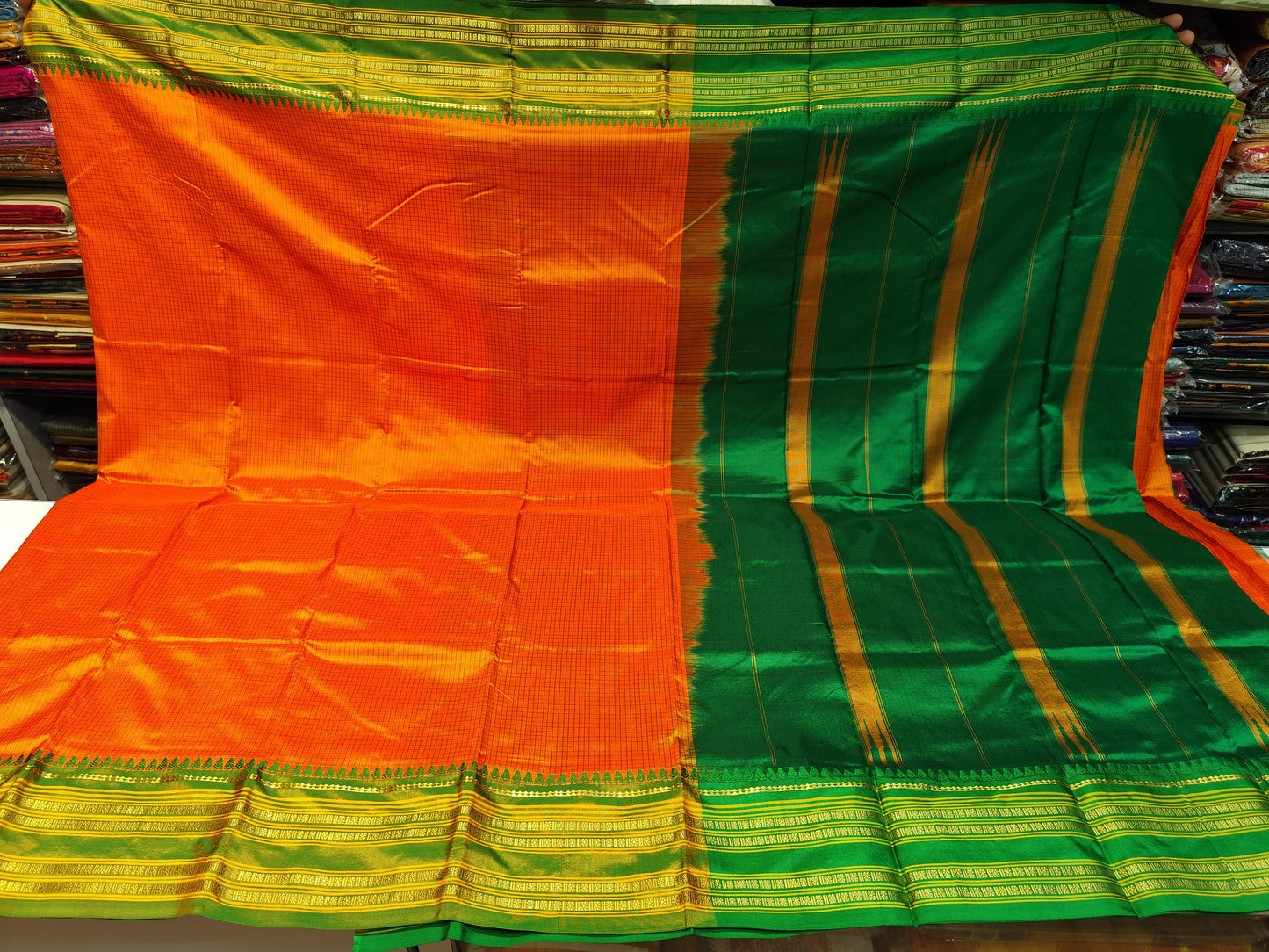 Narayanpeth Checks Silk Saree | Orange & Green