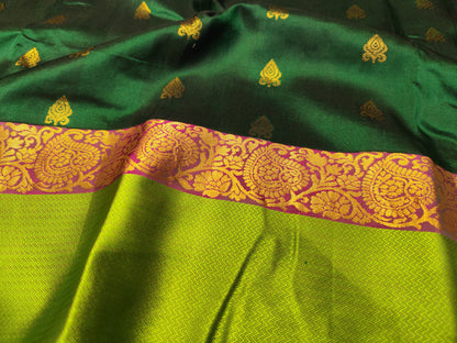 Kanjeevaram Silk Saree | Dark Green & Pink