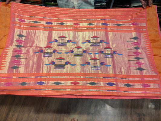 Cotton Paithani Saree | Coral Pink | Double Pallu