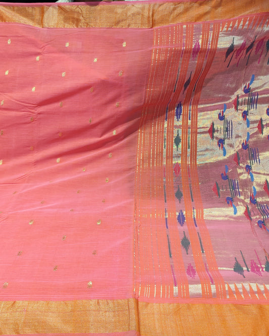 Cotton Paithani Saree | Coral Pink | Double Pallu