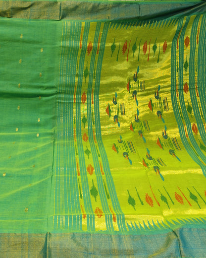 Cotton Paithani Saree | Green| Double Pallu