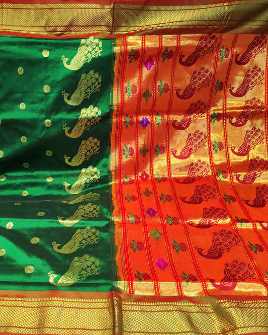 Paithani Silk Saree |  Dark Green & Red | Fancy Pallu