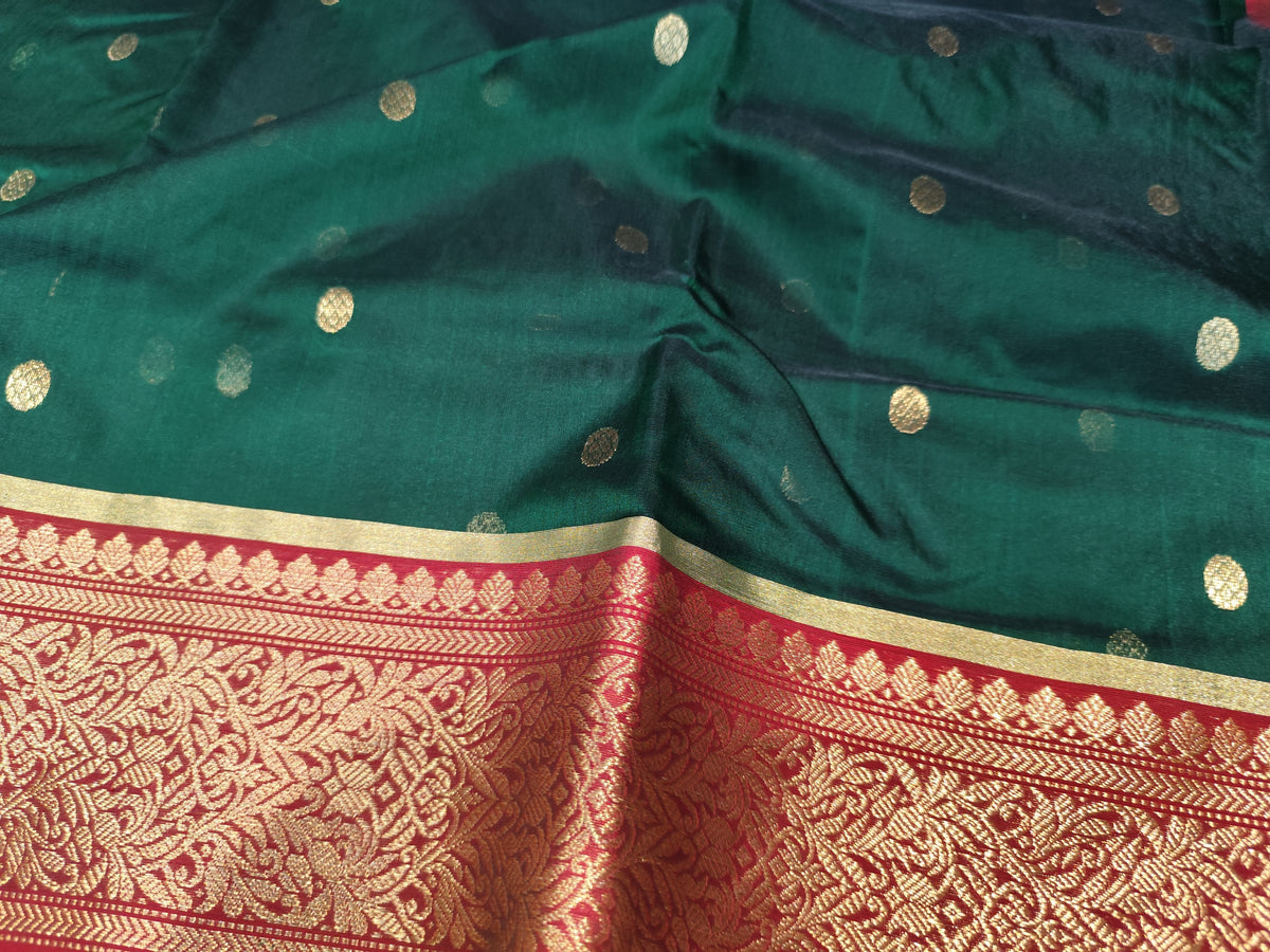 Chanderi Silk Saree | Bottle Green & Red