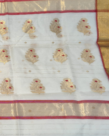 Chanderi Katan Silk Saree | White