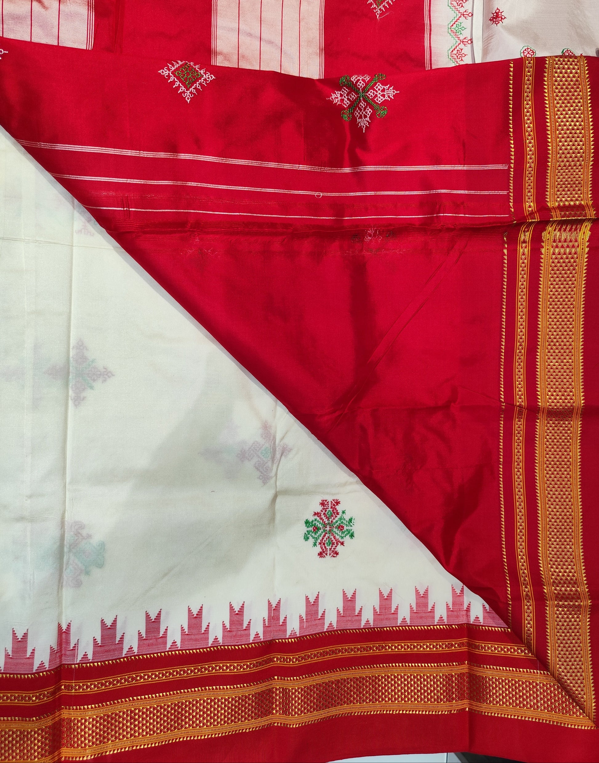 Closeup of Ilkal Silk saree in Off white cream and red with Kasuti inspired motifs