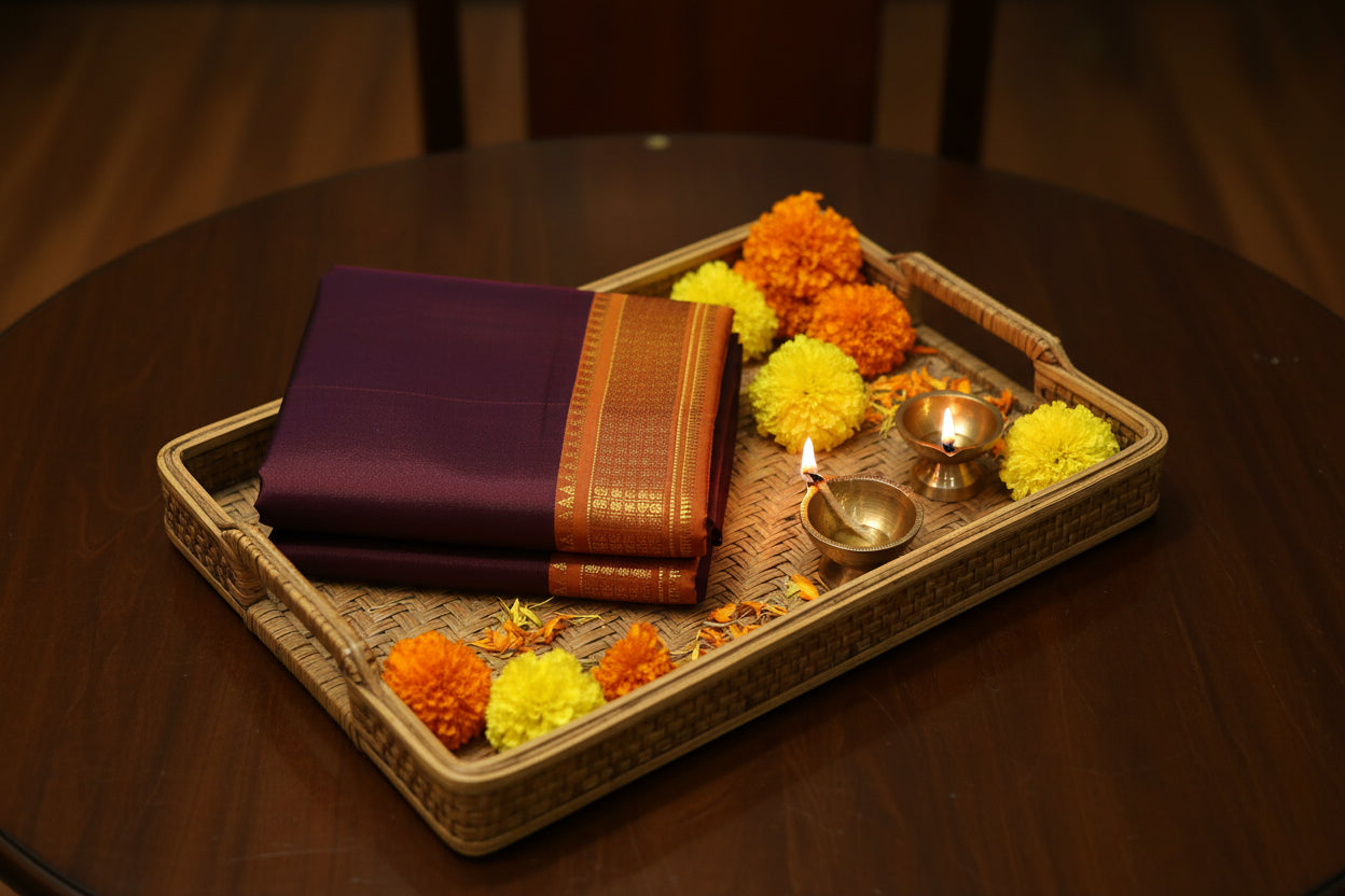 A folded brown silk saree, featuring a wide orange & gold metallic brocade border with intricate woven patterns.