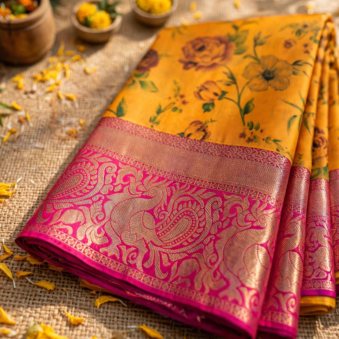 Yellow red silk saree with floral pattern and gold zari