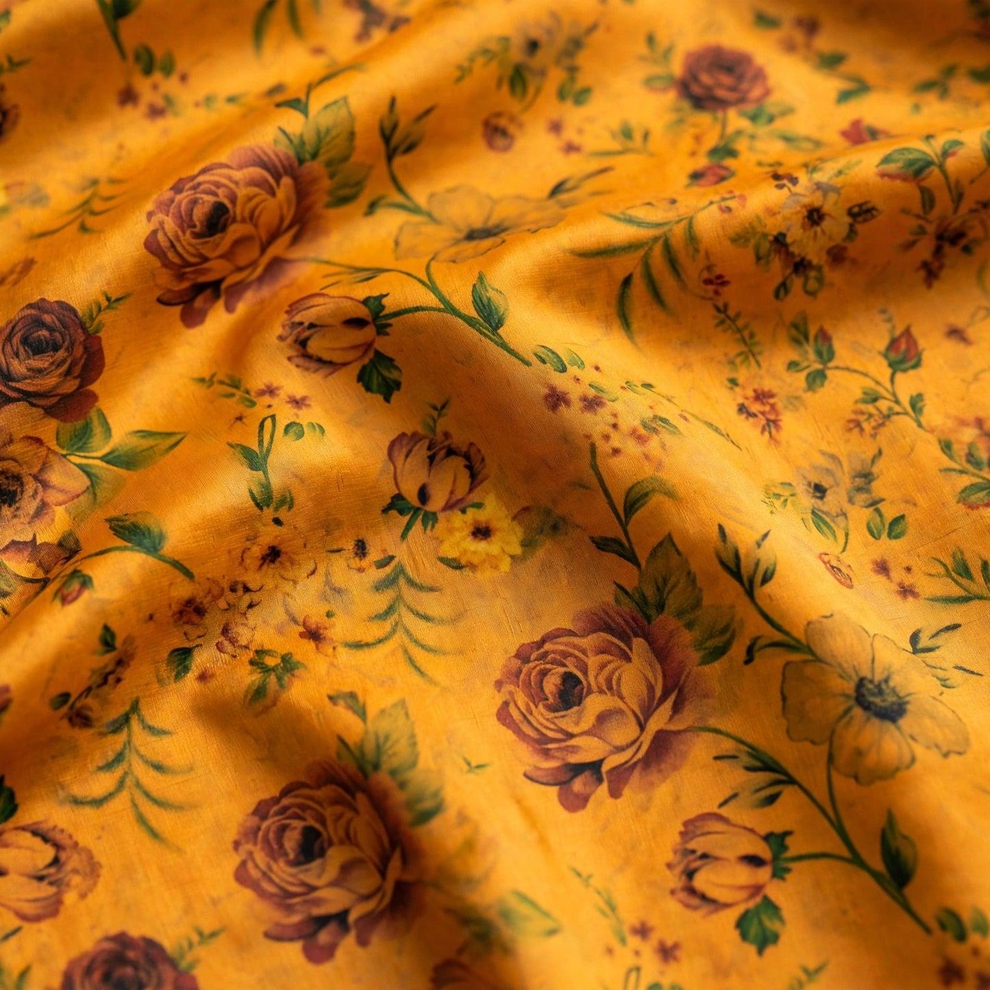 Yellow red silk saree with floral pattern and gold zari
