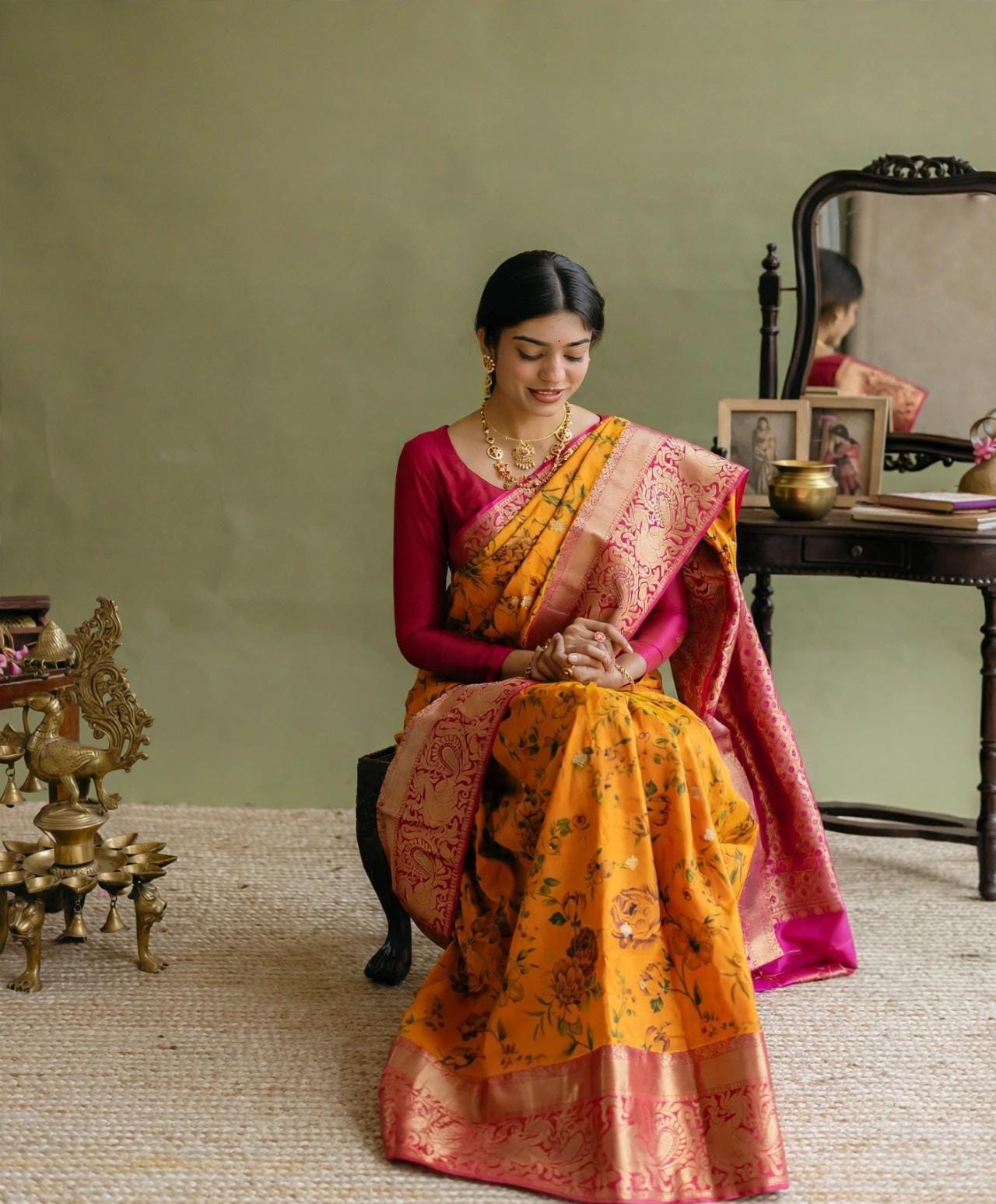 Yellow red silk saree with floral pattern and gold zari