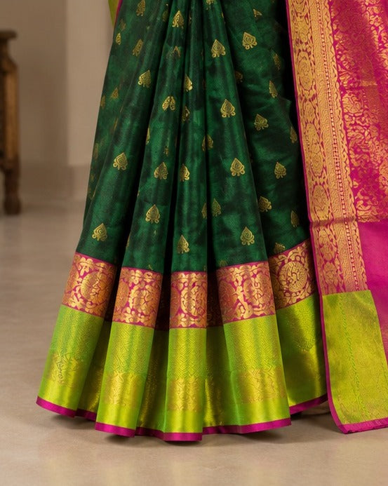 Kanjeevaram Silk Saree | Dark Green & Pink