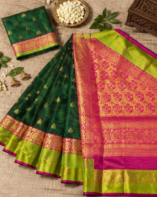 Kanjeevaram Silk Saree | Dark Green & Pink