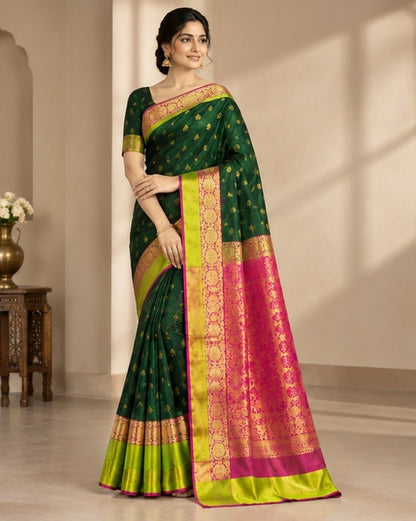 Kanjeevaram Silk Saree | Dark Green & Pink