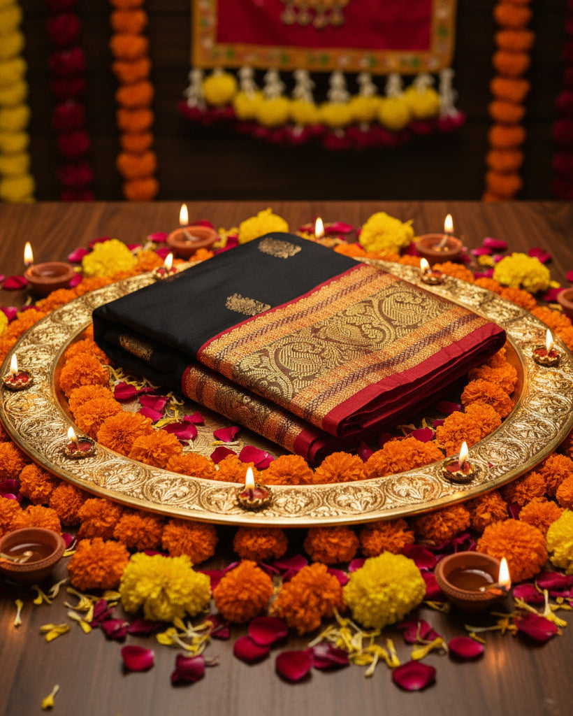 A folded black Kanjeevaramsilk saree with gold zari motifs and a wide red, green and gold border, displayed on a light gray surface.