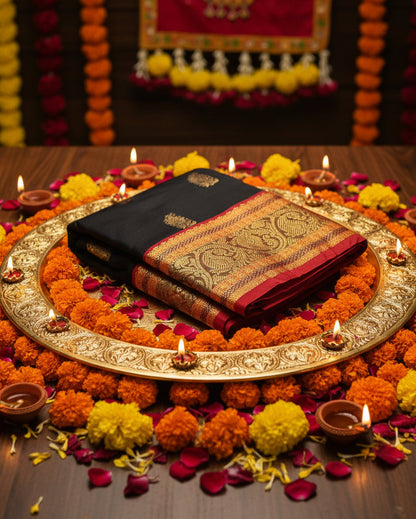 A folded black Kanjeevaramsilk saree with gold zari motifs and a wide red, green and gold border, displayed on a light gray surface.