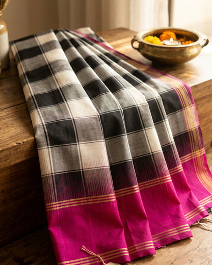Kanjeevaram Silk Saree | Checks | Black & Pink