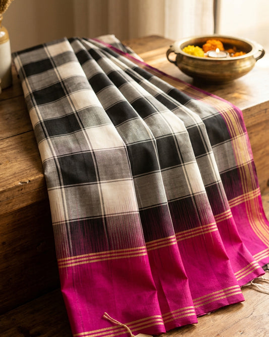 Kanjeevaram Silk Saree | Checks | Black & Pink