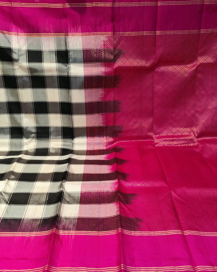 Kanjeevaram Silk Saree | Checks | Black & Pink