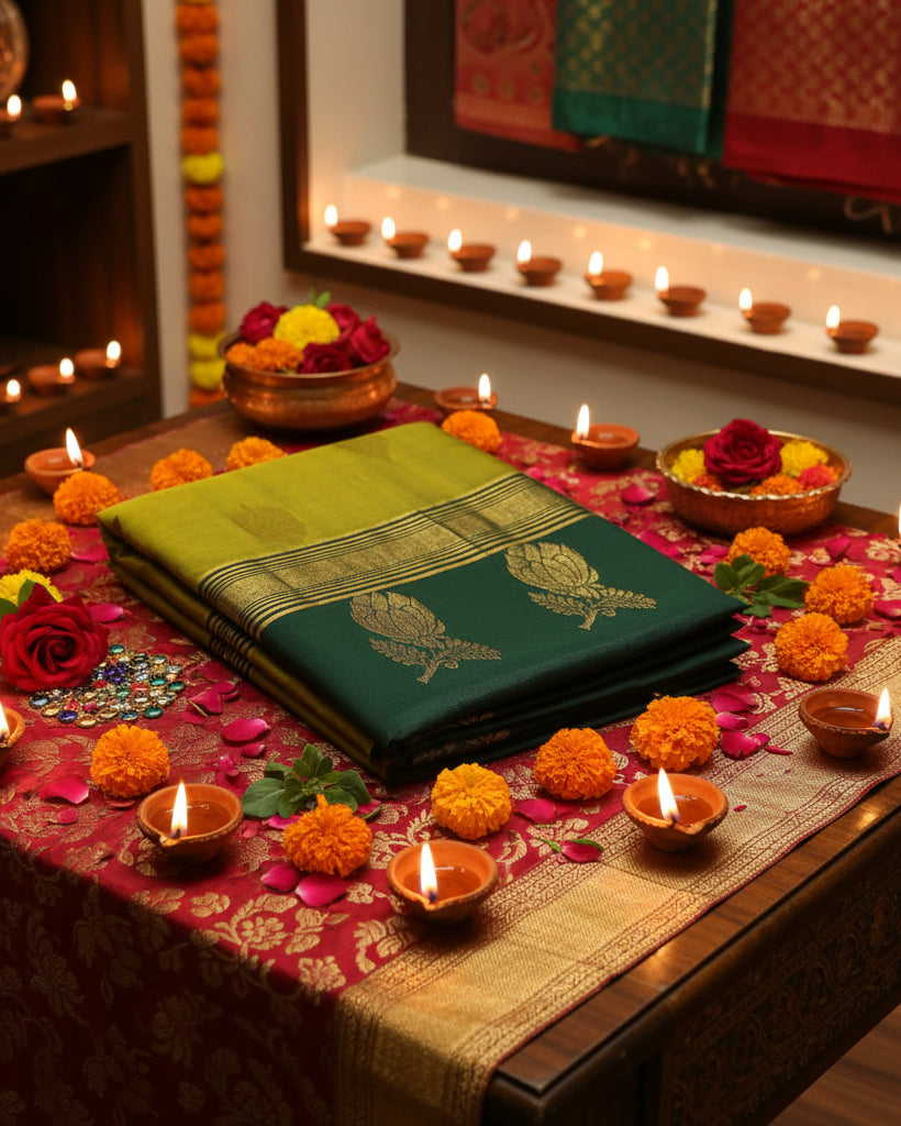 A folded dark green and mustard yellow silk saree with gold zari floral and stripe motifs, displayed on a light reflective surface.