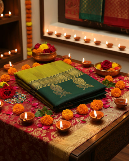 A folded dark green and mustard yellow silk saree with gold zari floral and stripe motifs, displayed on a light reflective surface.