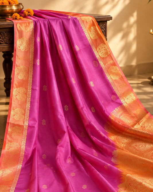 Kanjeevaram Soft Silk Saree | Pink & Orange