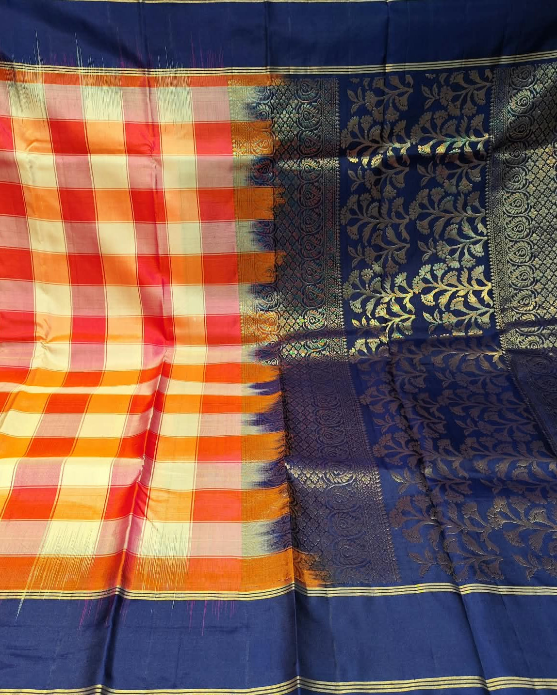 Kanjeevaram Silk Saree | Checks | Orange & Blue