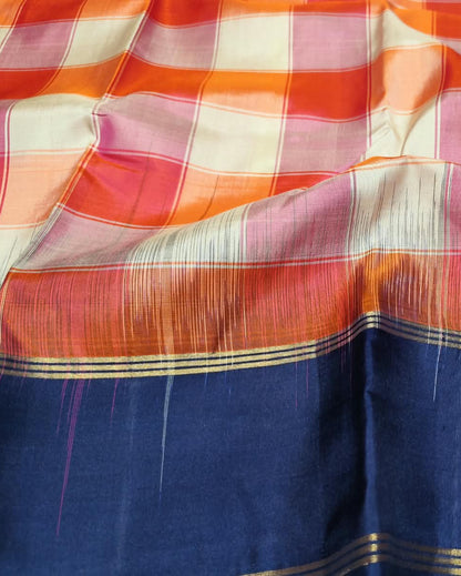 Kanjeevaram Silk Saree | Checks | Orange & Blue