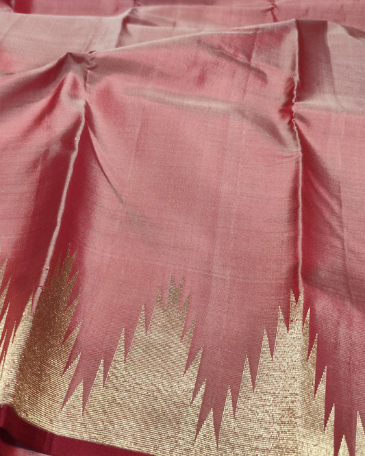 Kanjeevaram Temple Silk Saree | Peach & Maroon
