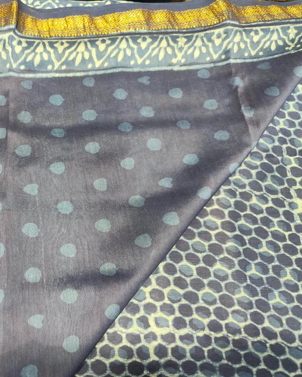Maheshwari Silk Cotton Saree | Blue & Grey | Block Print