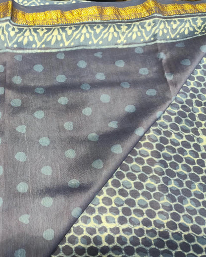 Maheshwari Silk Cotton Saree | Blue & Grey | Block Print