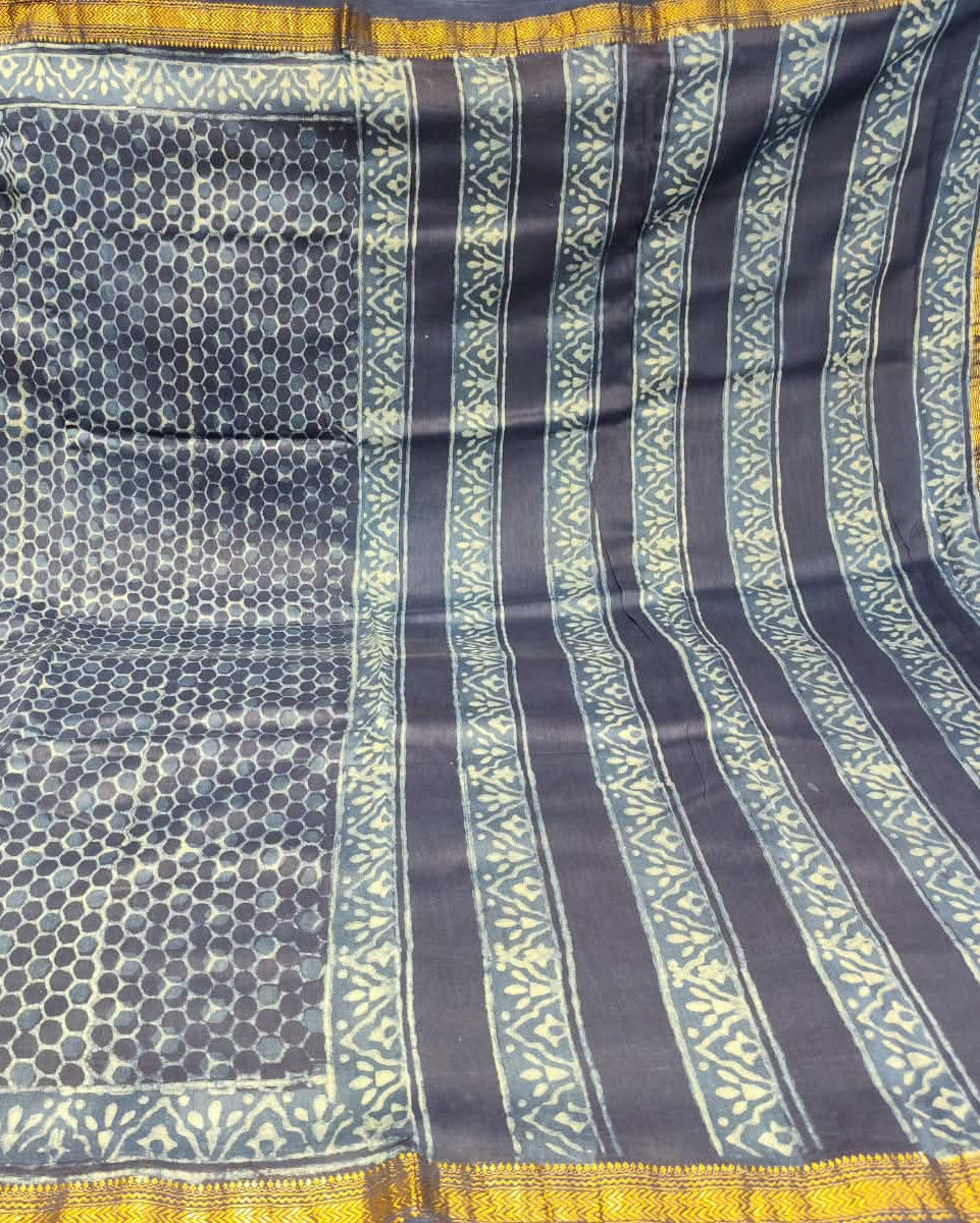 Maheshwari Silk Cotton Saree | Blue & Grey | Block Print