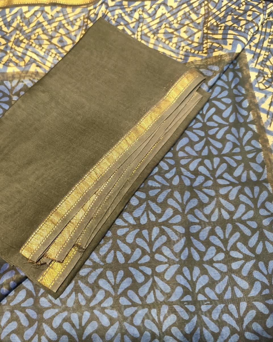 Maheshwari Silk Cotton Saree | Blue | Block Print