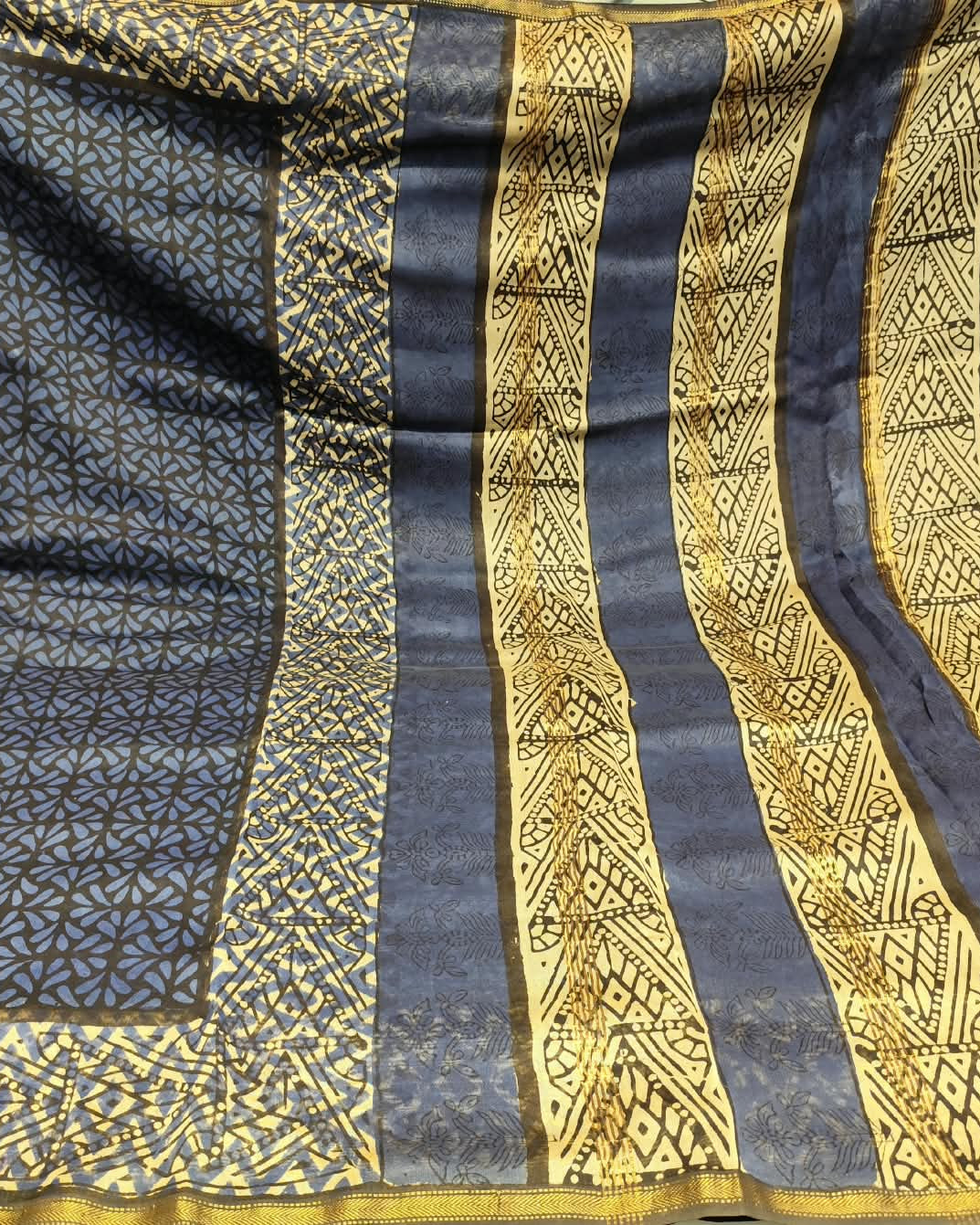 Maheshwari Silk Cotton Saree | Blue | Block Print