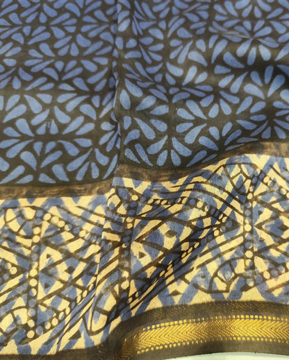 Maheshwari Silk Cotton Saree | Blue | Block Print