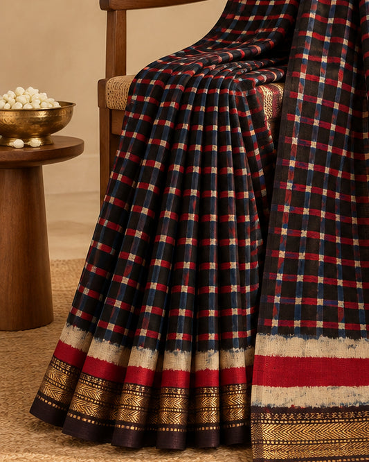 A folded checkered fabric, likely Maheshwari Silk Cotton sari, featuring a red, navy blue, and beige gingham pattern with a wide red and beige border and a metallic gold zari ornate pallu.