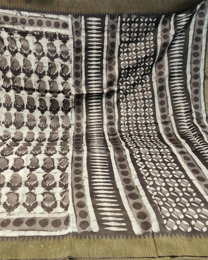 Maheshwari Silk Cotton Saree | Grey | Block Print